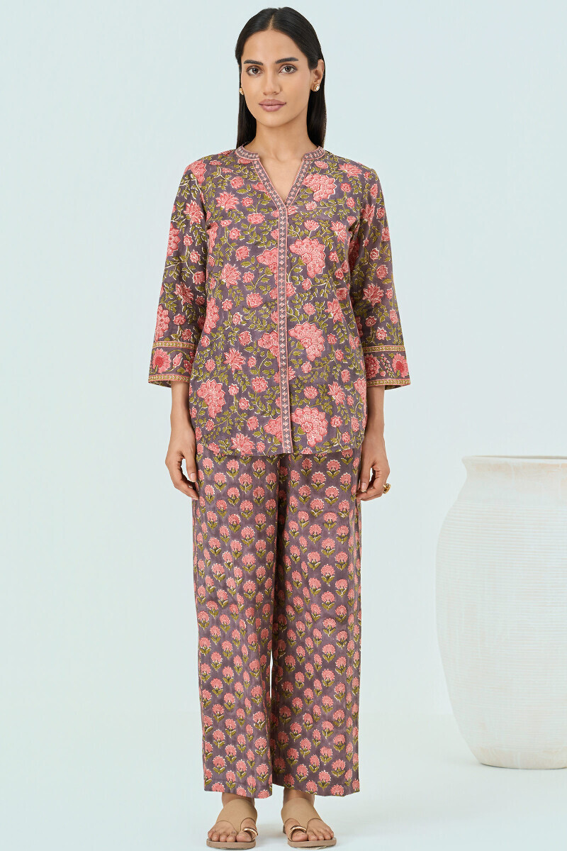 Mauve Hand Block Printed Cotton Loungewear Set