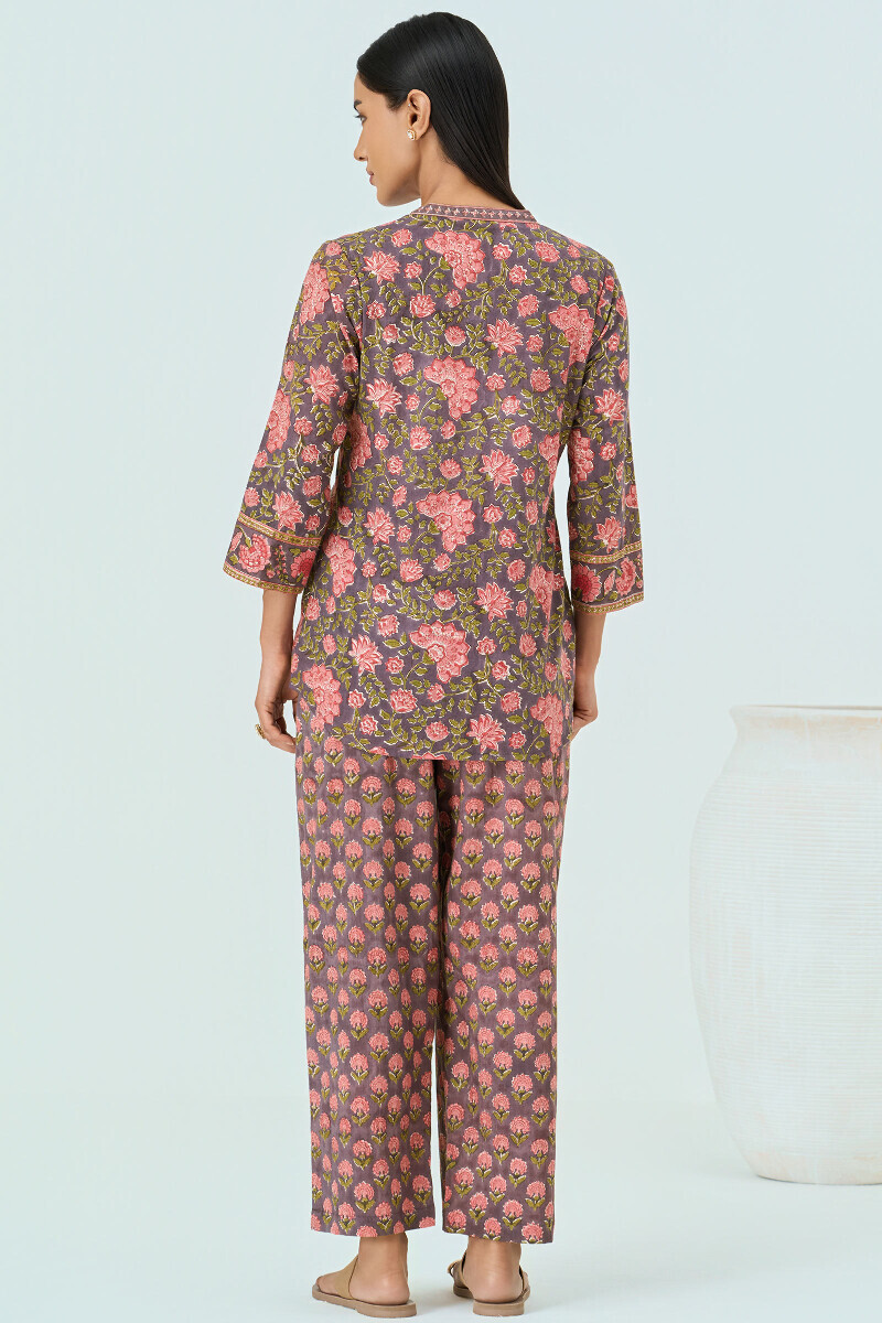 Mauve Hand Block Printed Cotton Loungewear Set