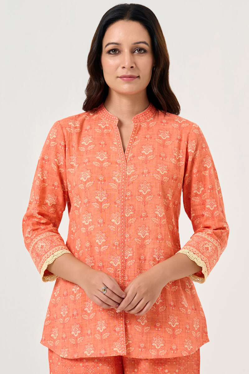 Orange Hand Printed Cotton Slub Co-ord Set