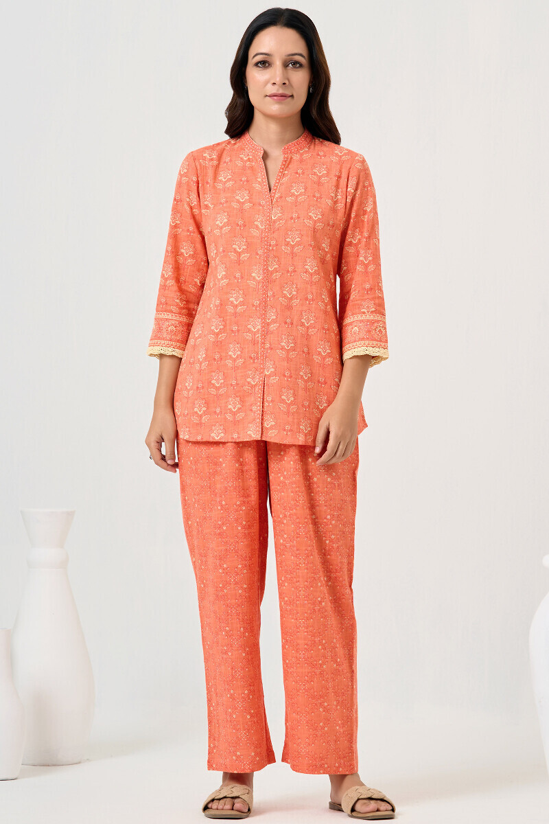 Orange Hand Printed Cotton Slub Co-ord Set