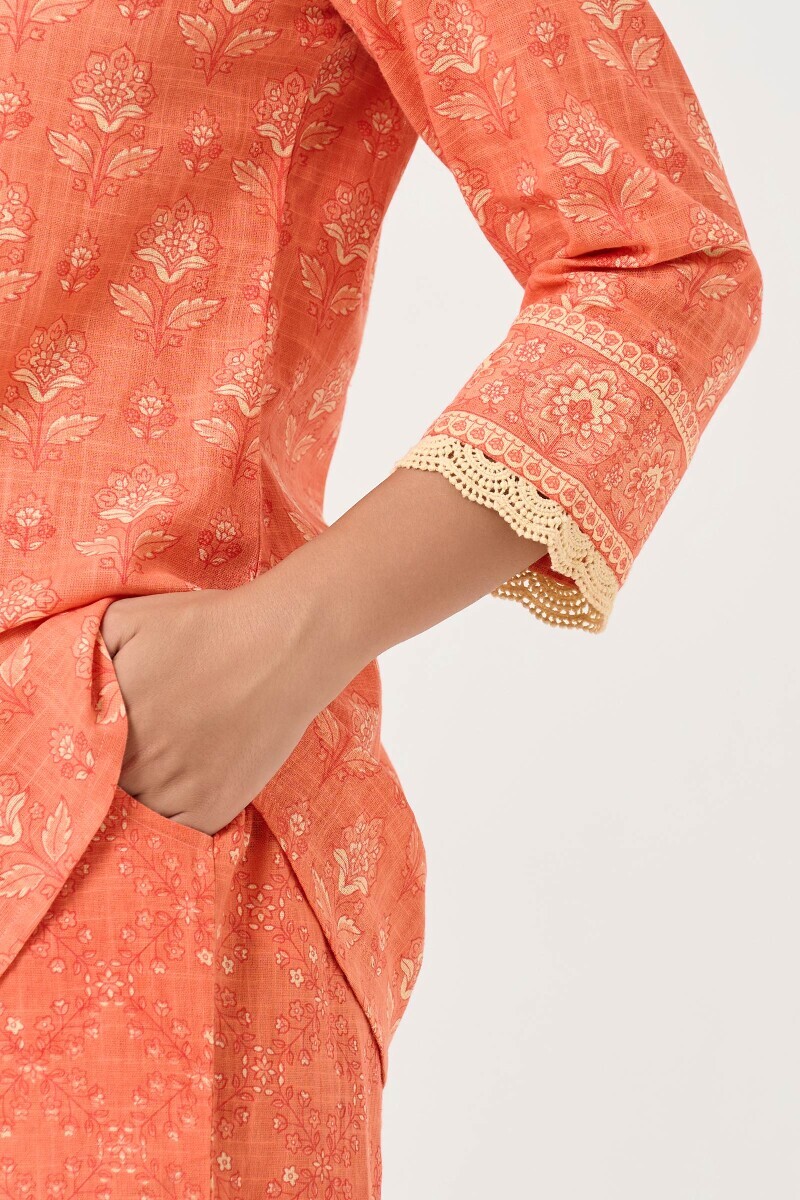 Orange Hand Printed Cotton Slub Co-ord Set