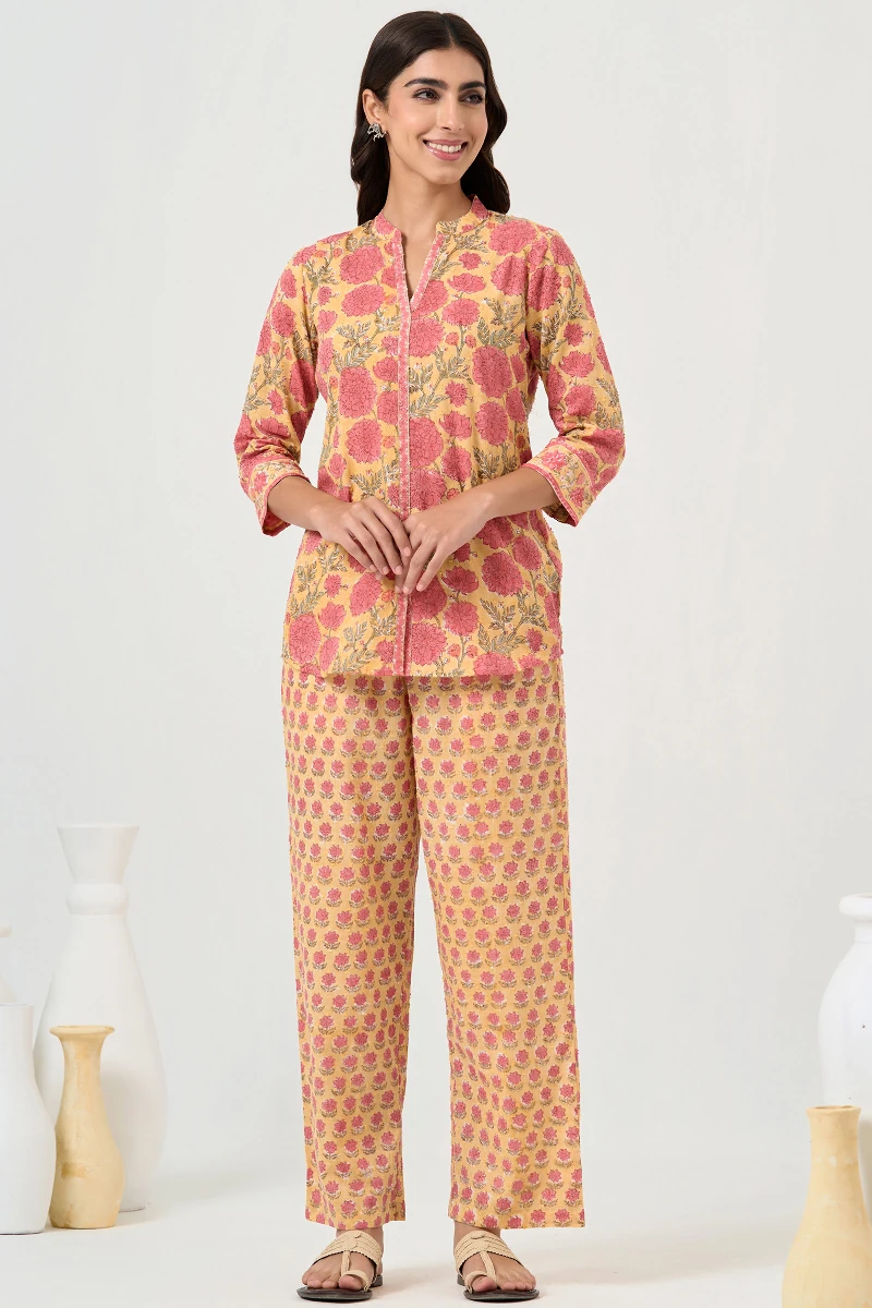 Yellow Hand Block Printed Ram Buta Co-ord Set