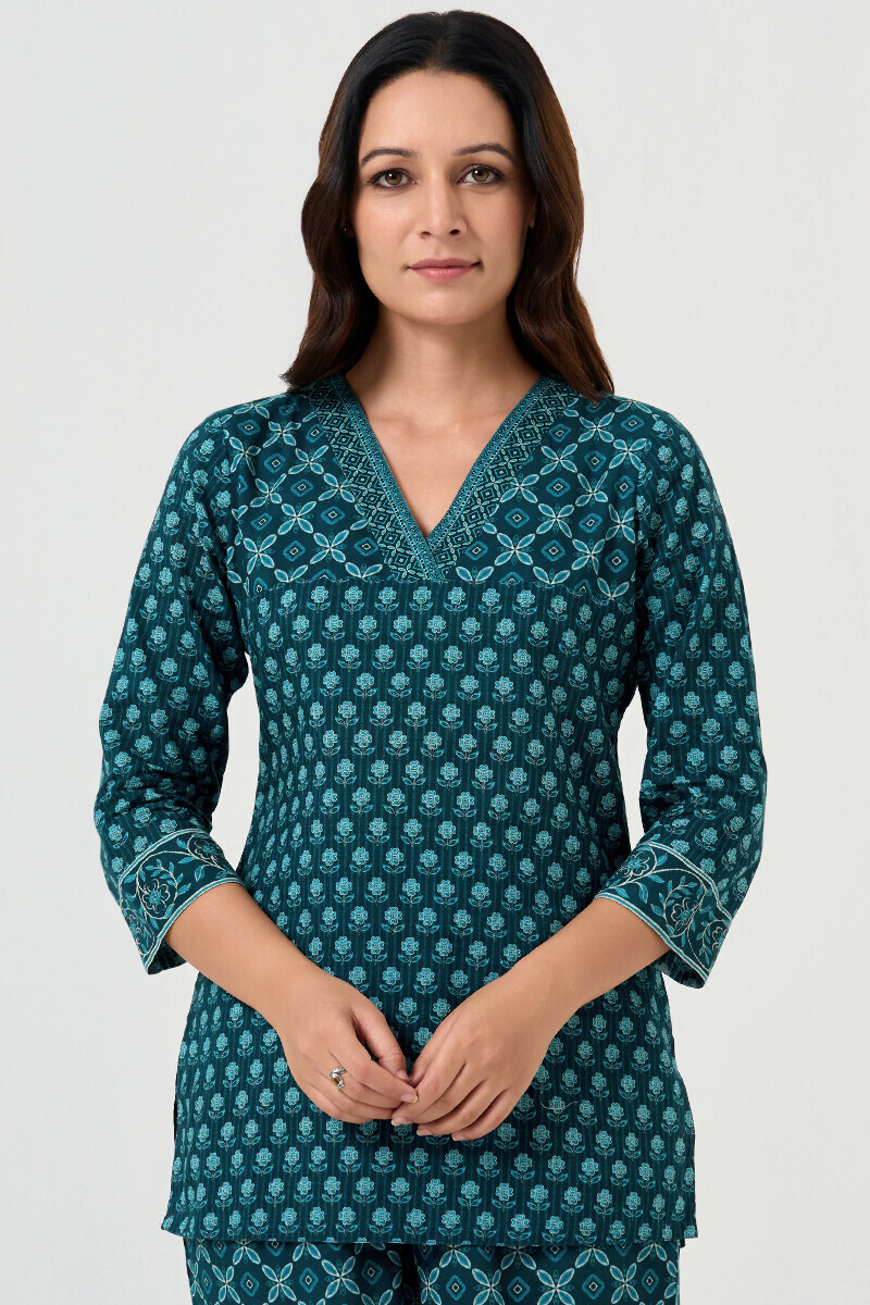 Blue Printed Cotton Loungewear Set