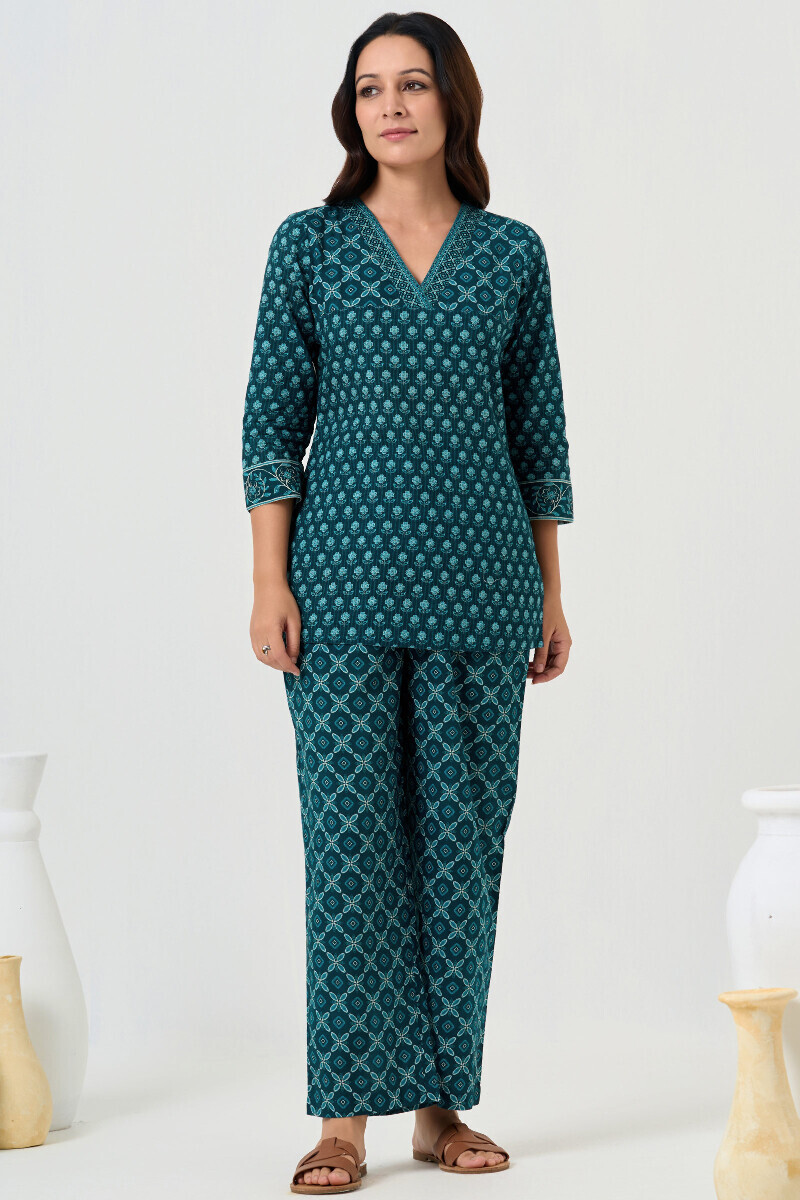 Blue Printed Cotton Loungewear Set