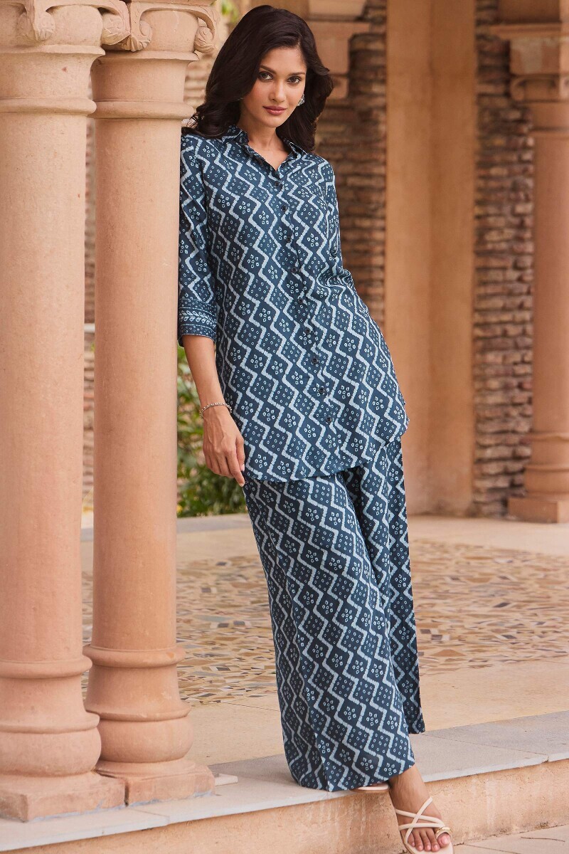Blue Printed Viscose Loungewear Set