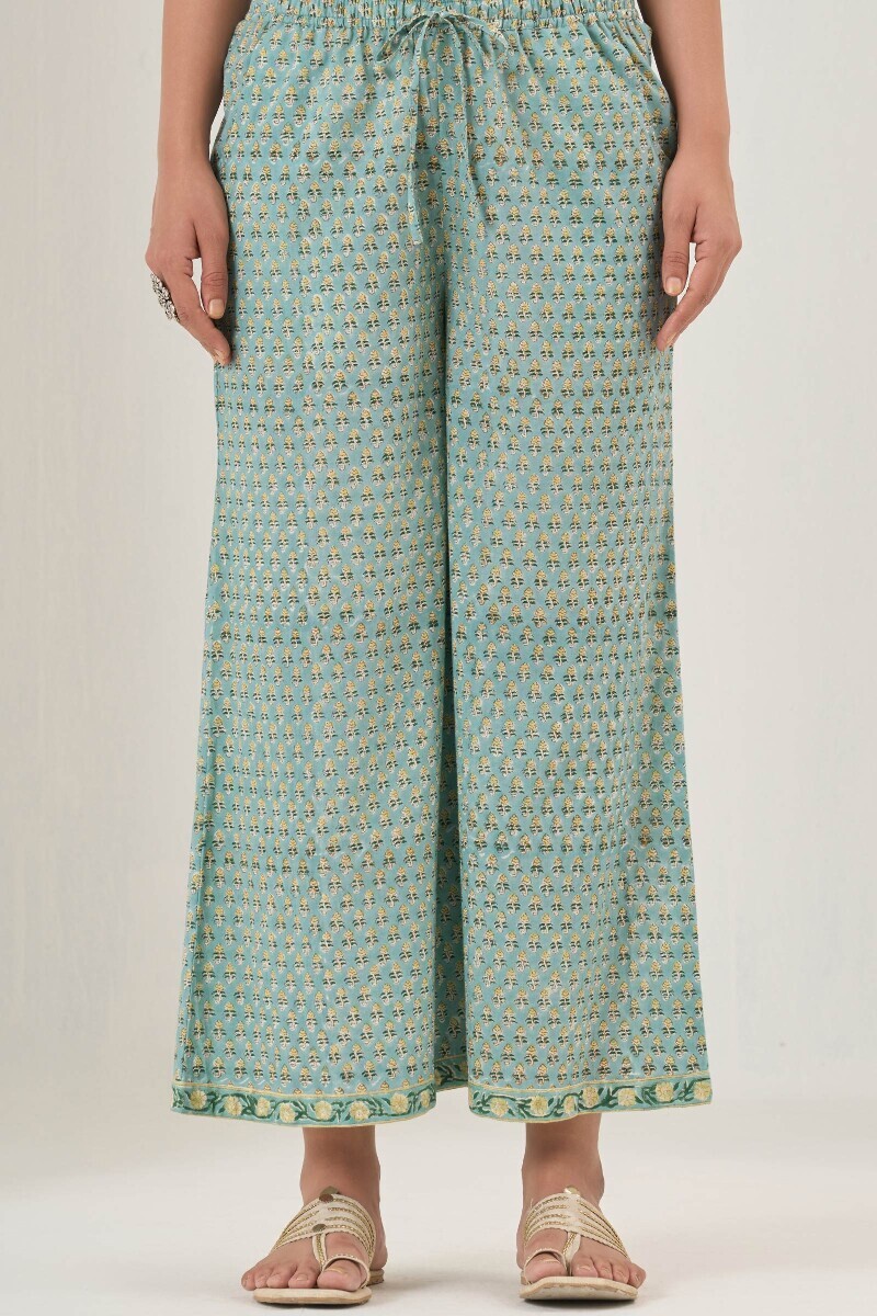Turquoise Block Printed Cotton Palazzo