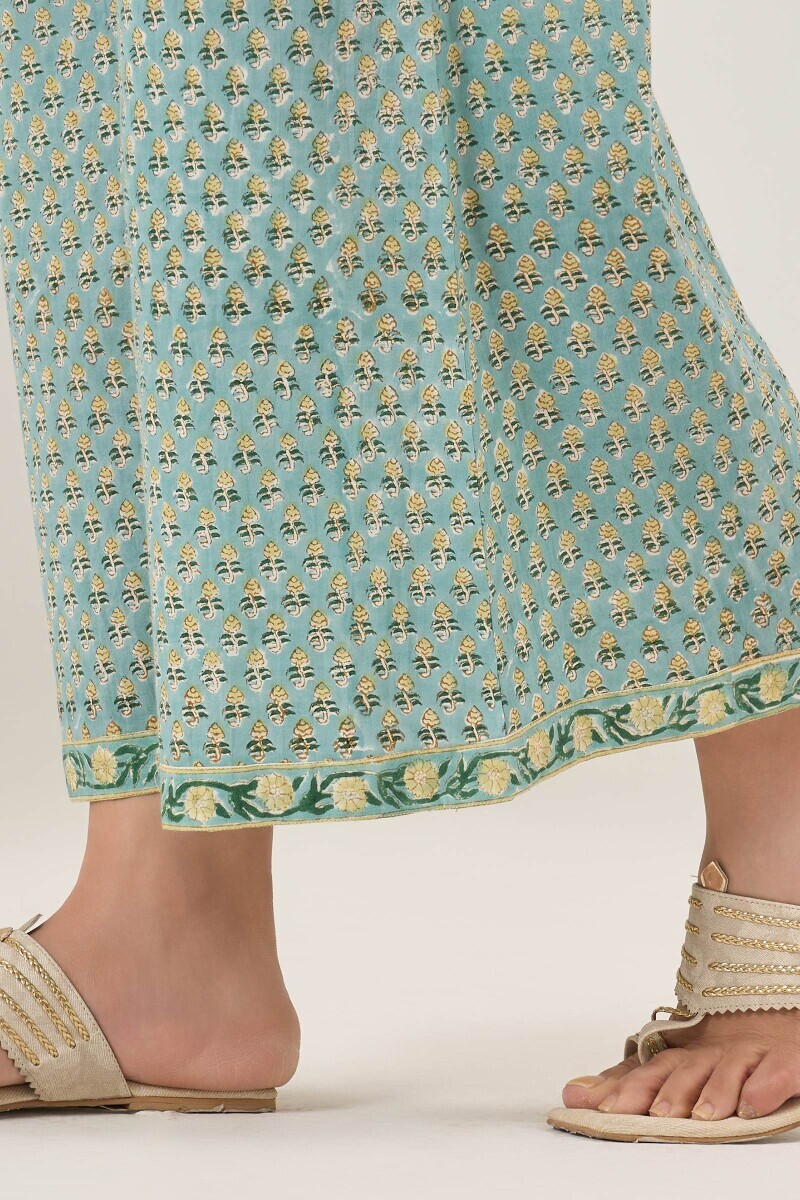Turquoise Block Printed Cotton Palazzo