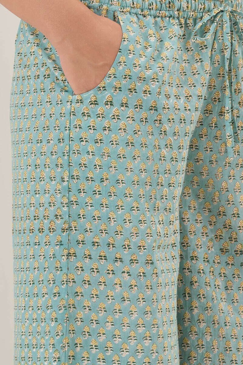 Turquoise Block Printed Cotton Palazzo