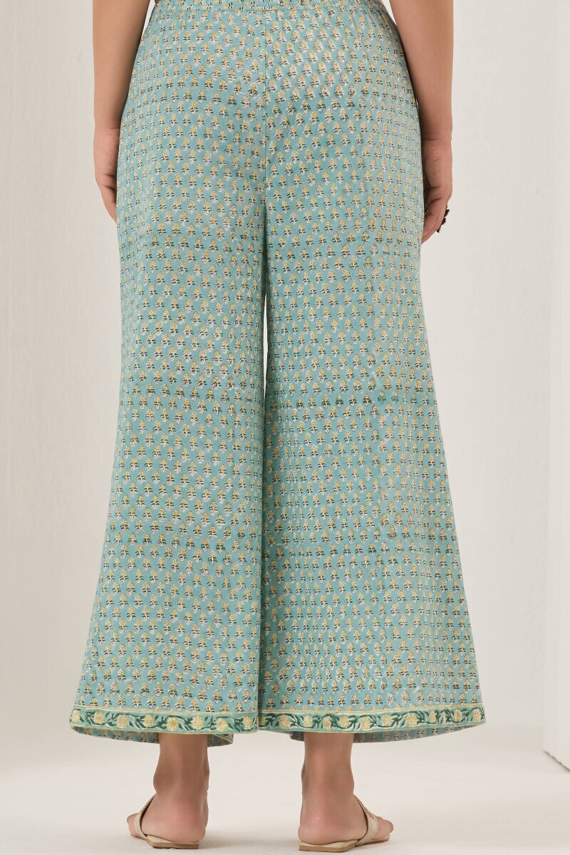 Turquoise Block Printed Cotton Palazzo