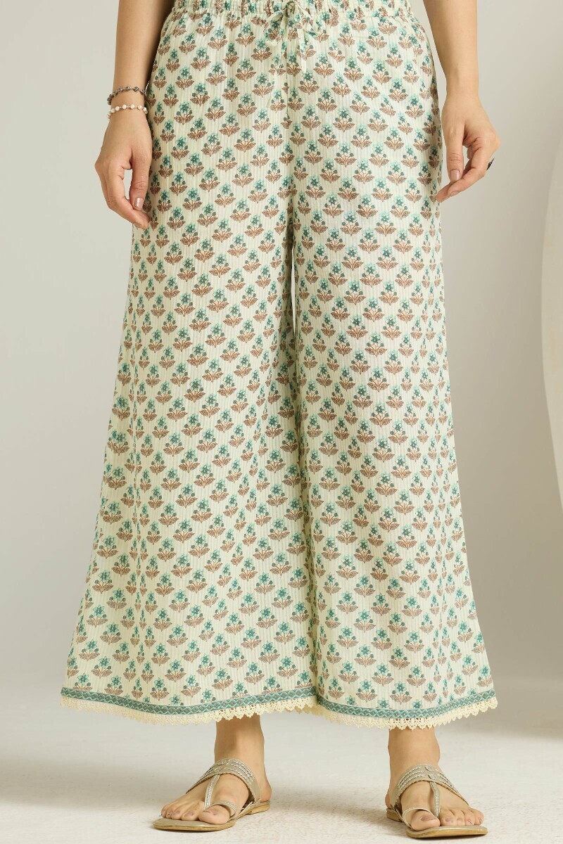 Cream Hand Printed Cotton Dobby Palazzo