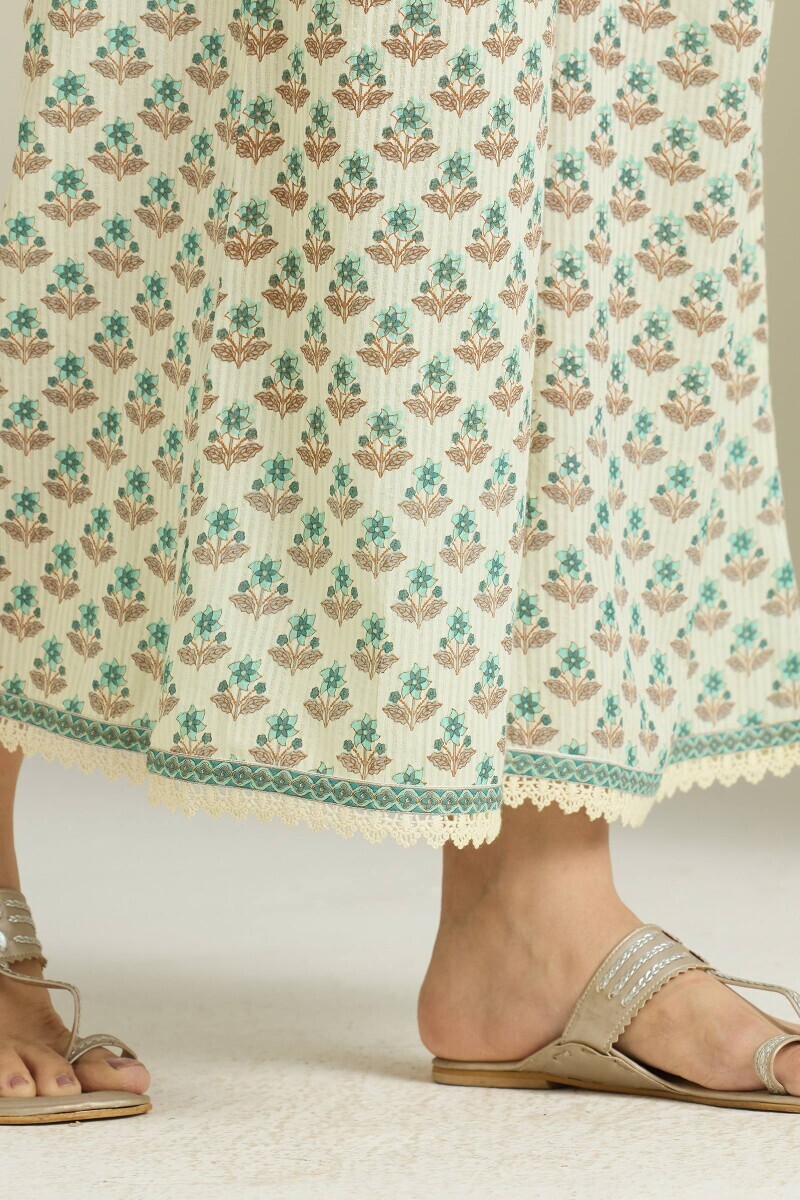 Cream Hand Printed Cotton Dobby Palazzo