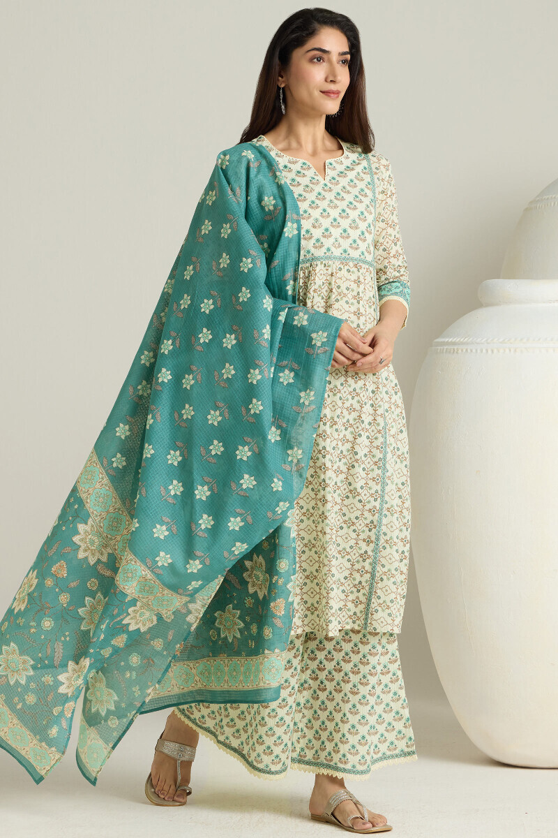 Cream Hand Printed Cotton Dobby Palazzo