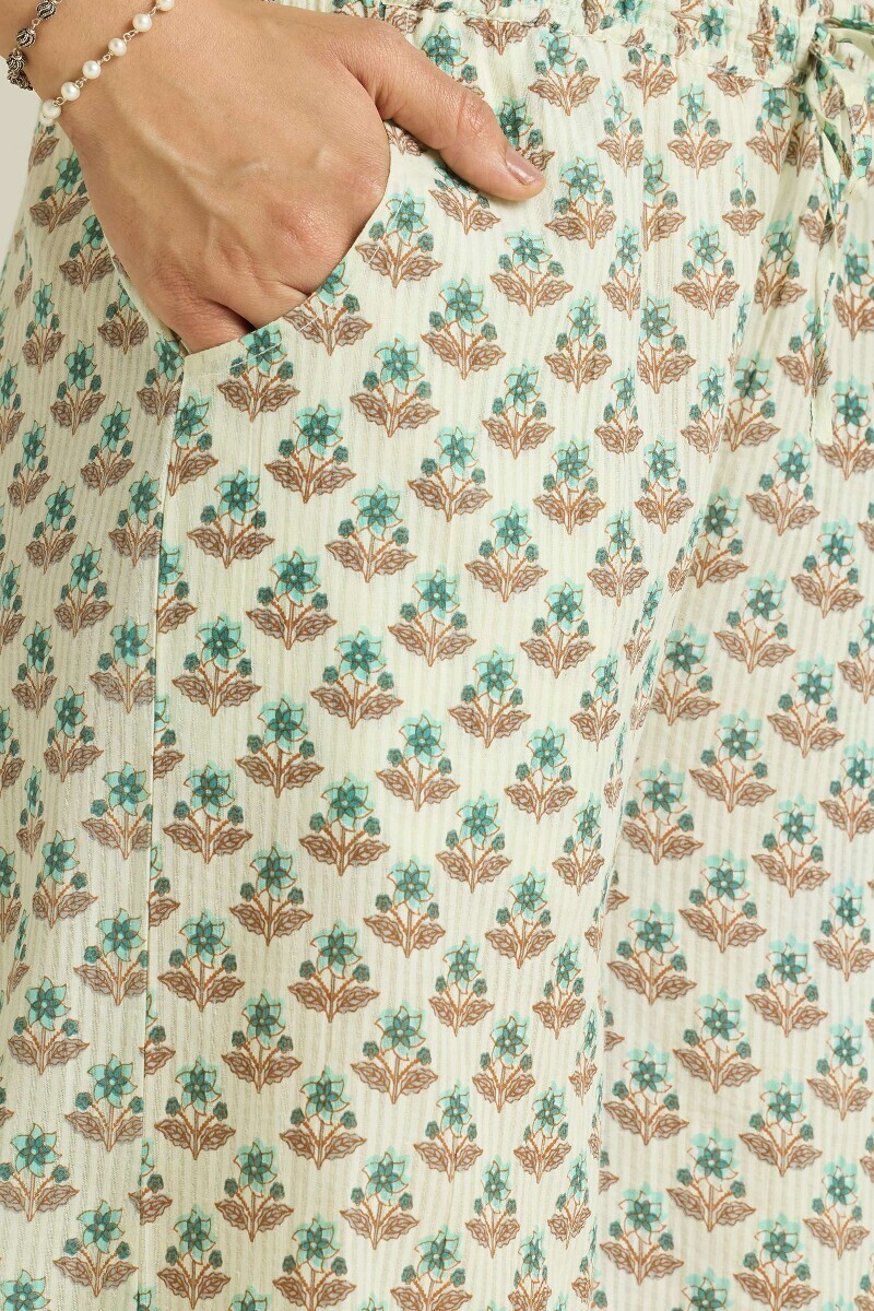 Cream Hand Printed Cotton Dobby Palazzo