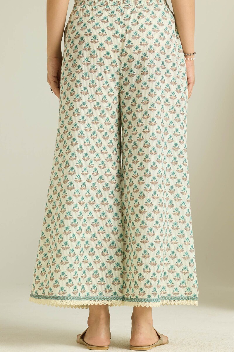 Cream Hand Printed Cotton Dobby Palazzo