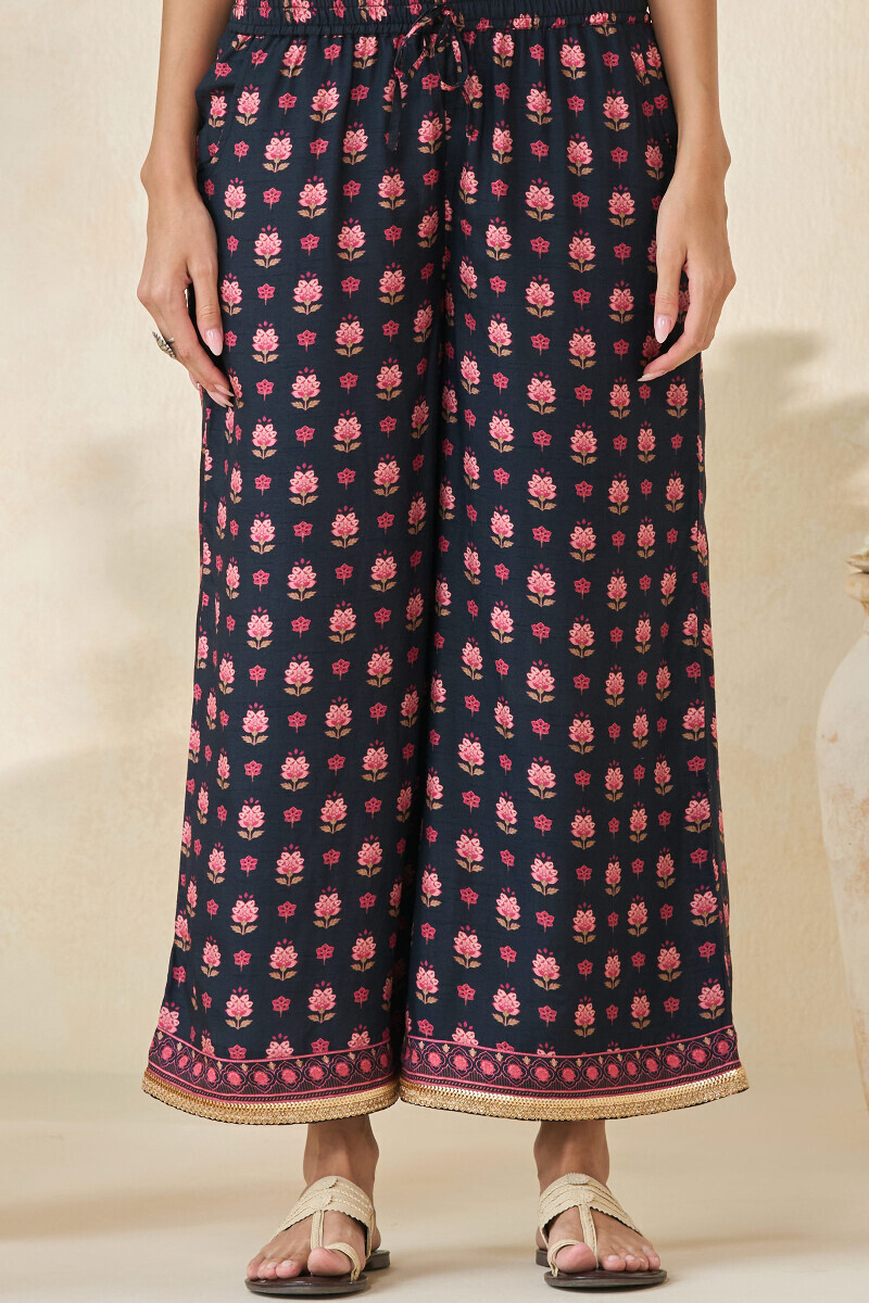 Black Printed Dola Silk Palazzo