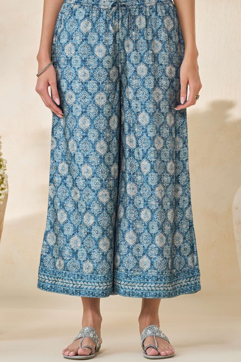 Blue Printed Dola Silk Palazzo