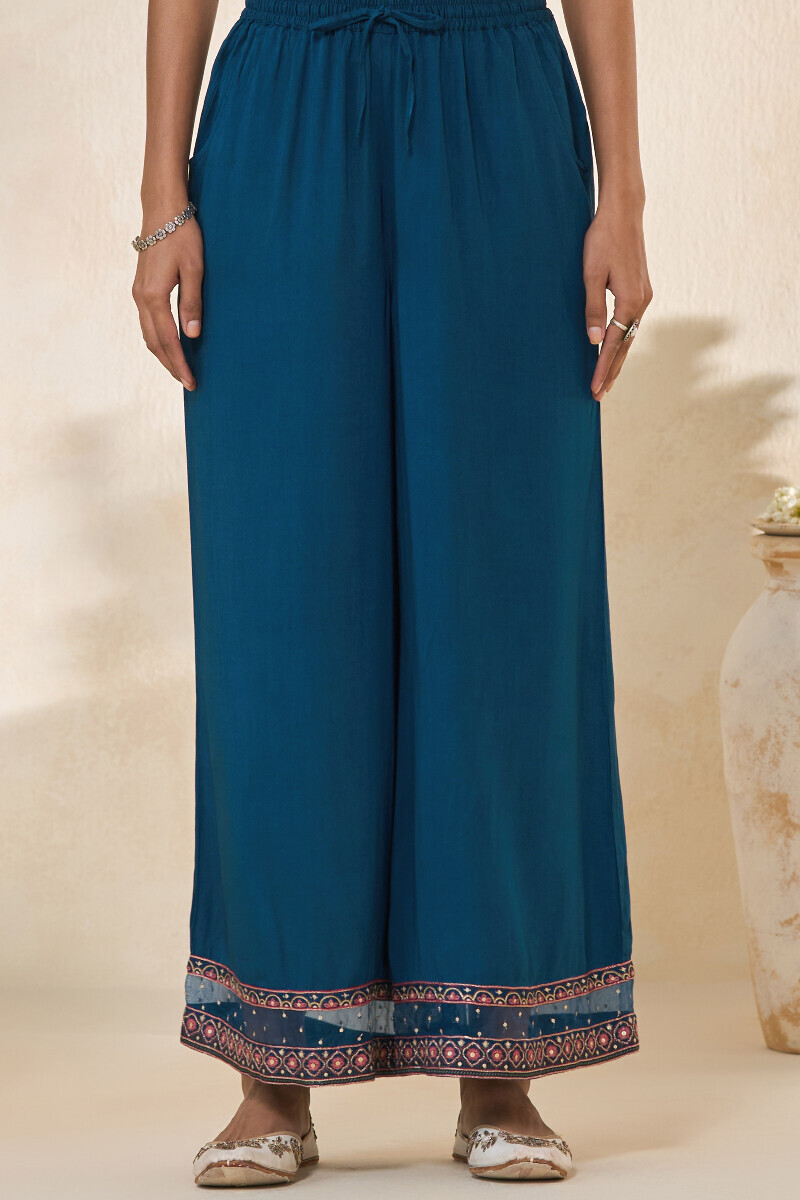 Blue Handcrafted Modal Satin Palazzo