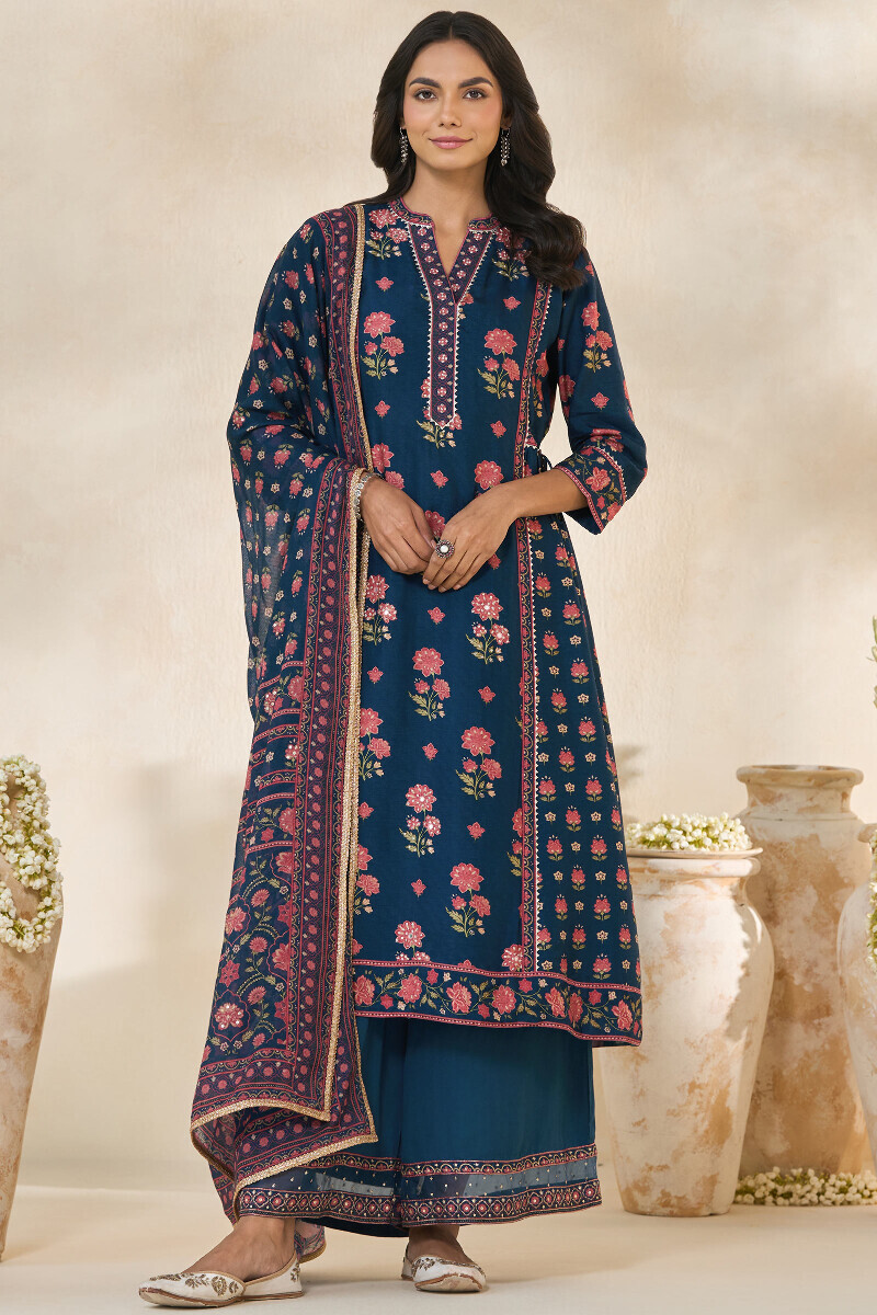 Blue Handcrafted Modal Satin Palazzo