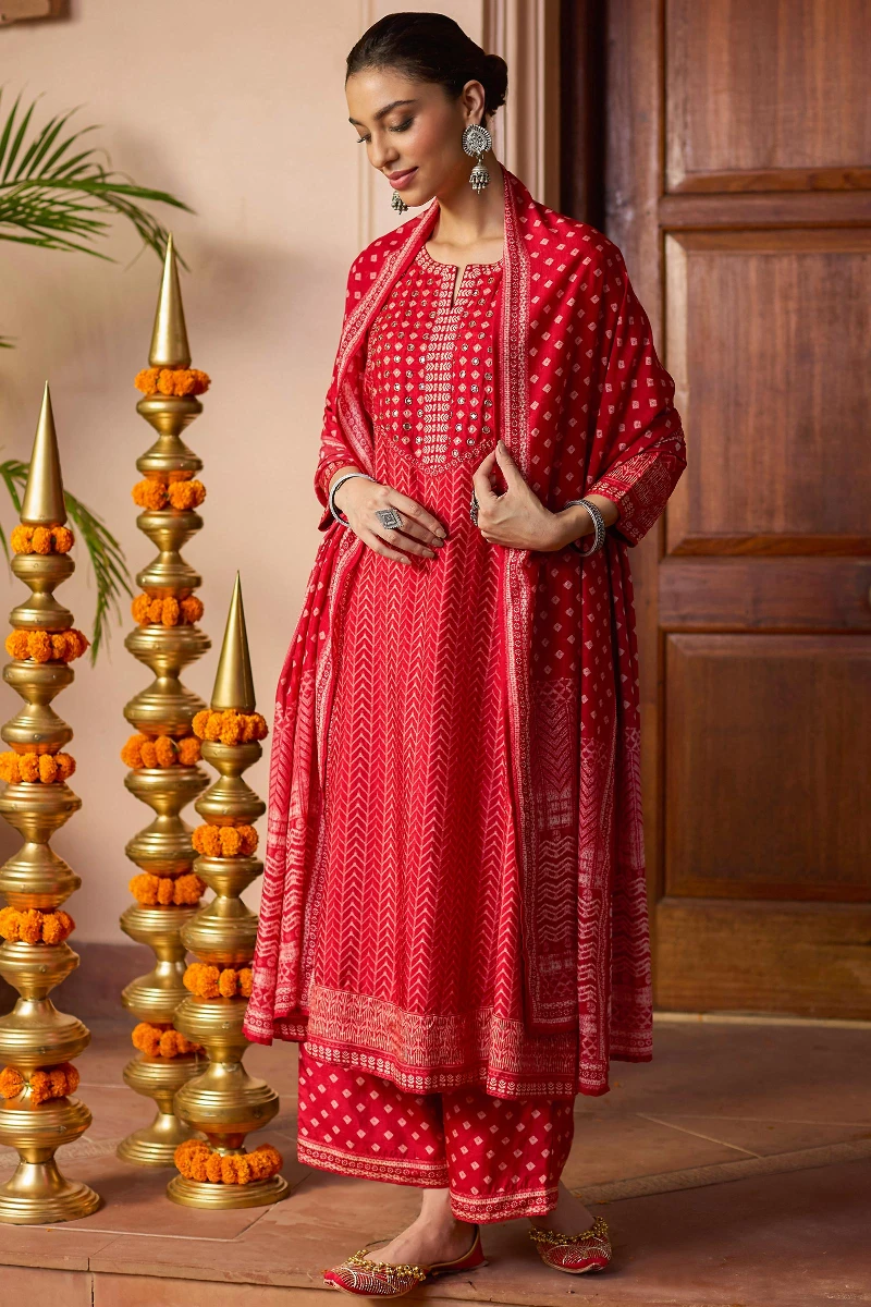 Red Printed Dola Silk Palazzo