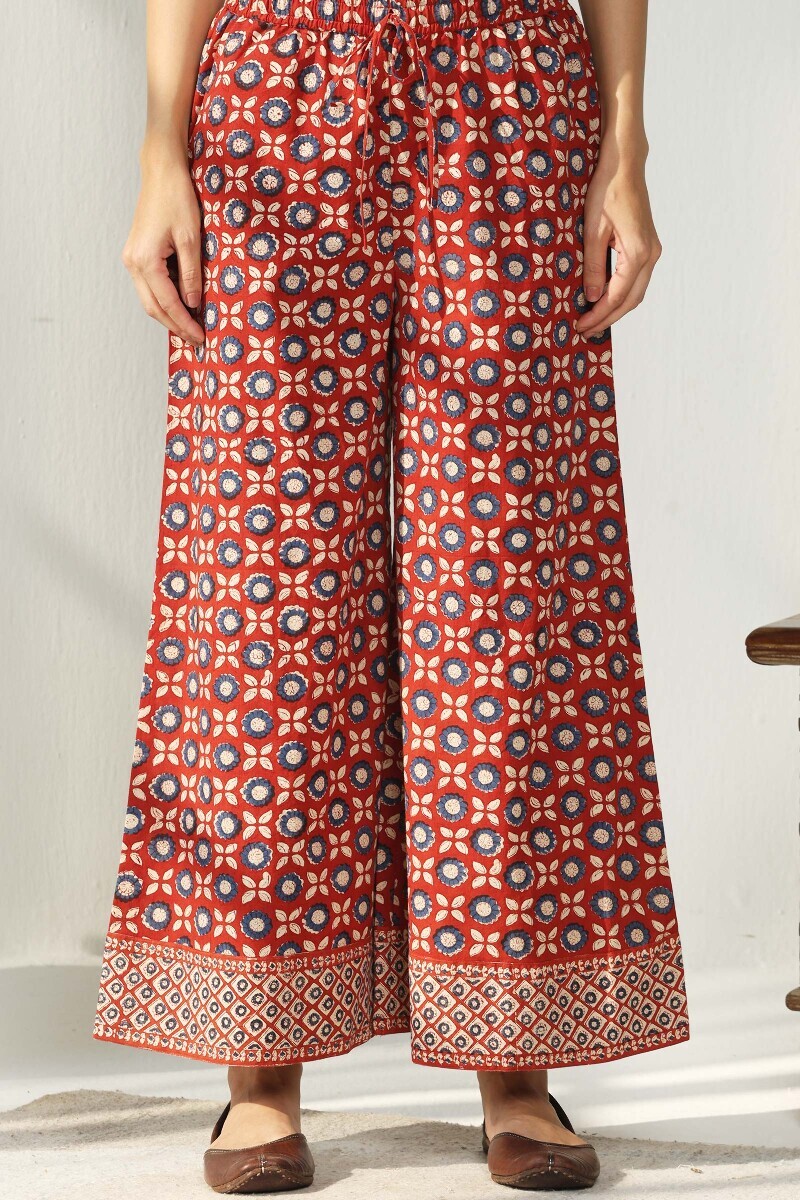 Red Hand Block Printed Cotton Palazzo
