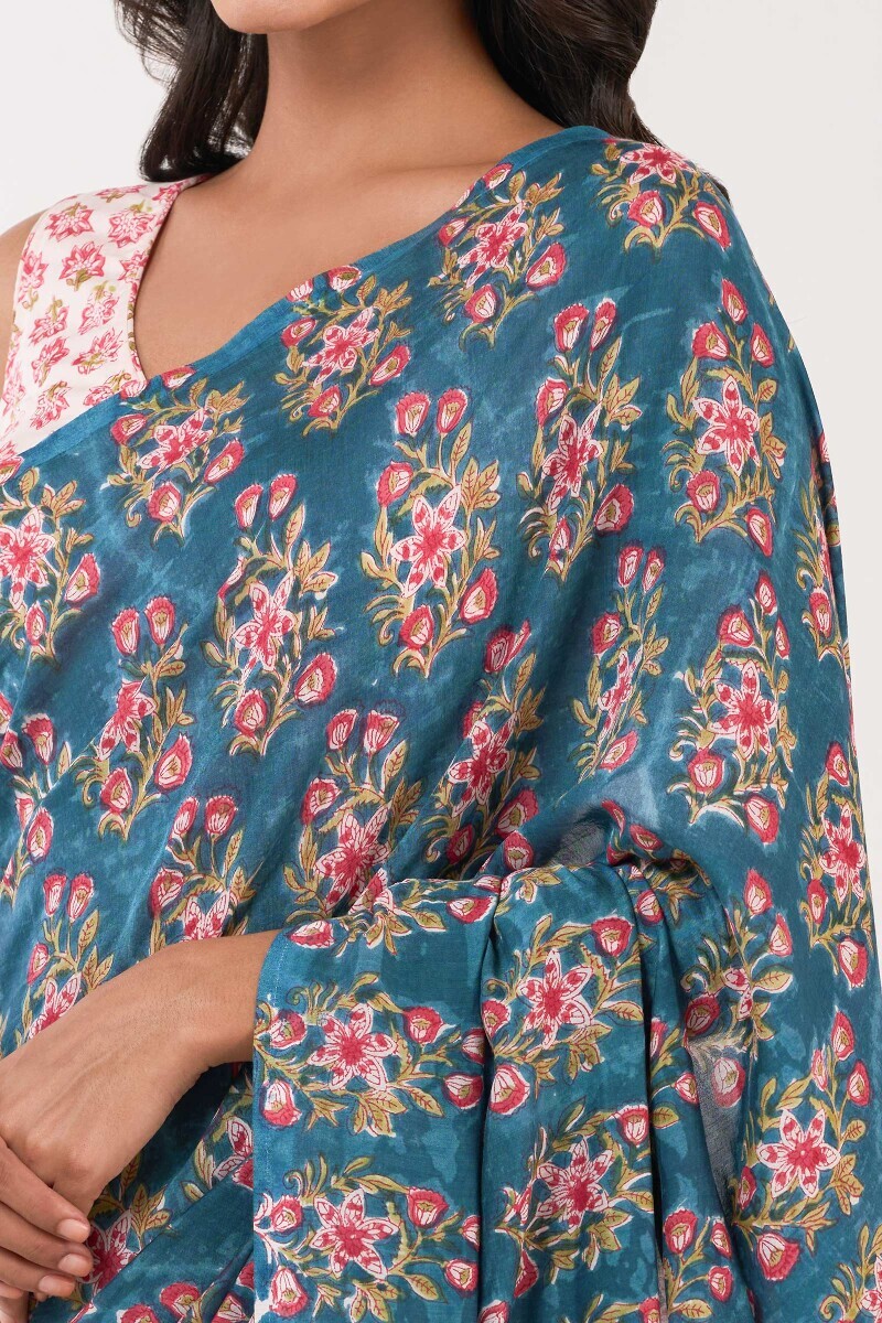 Blue Block Printed Modal Saree