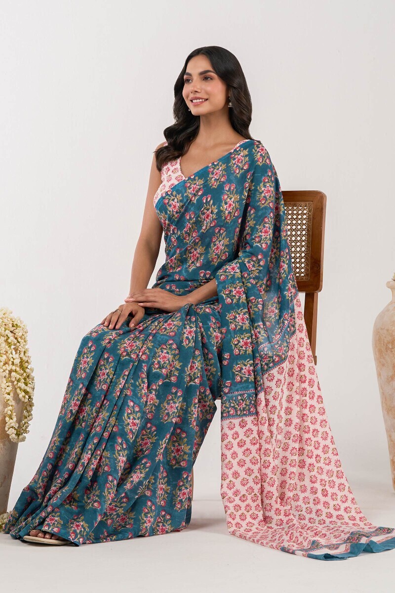 Blue Block Printed Modal Saree