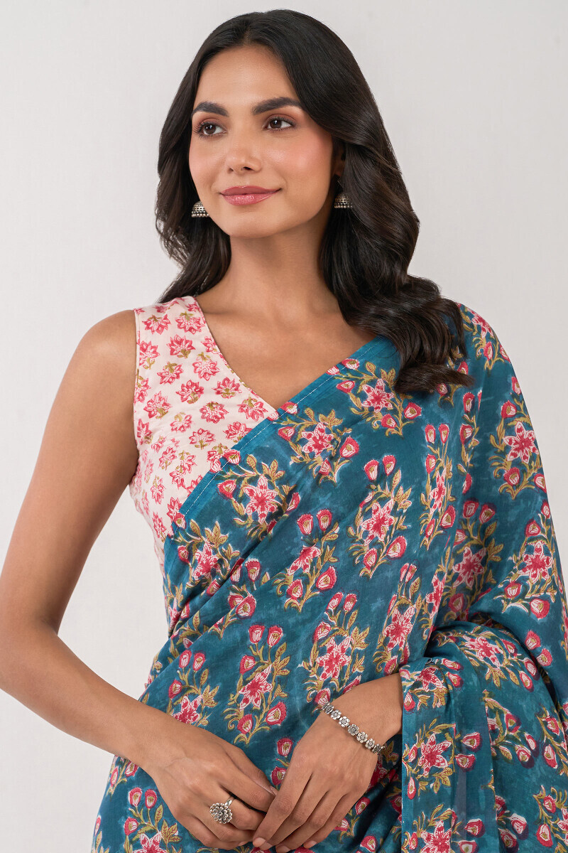 Blue Block Printed Modal Saree