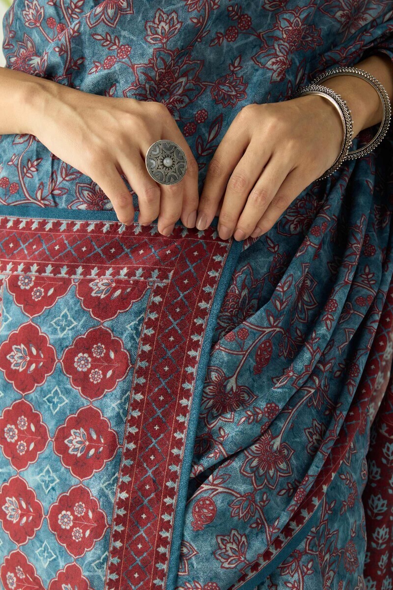 Blue Printed Viscose Saree
