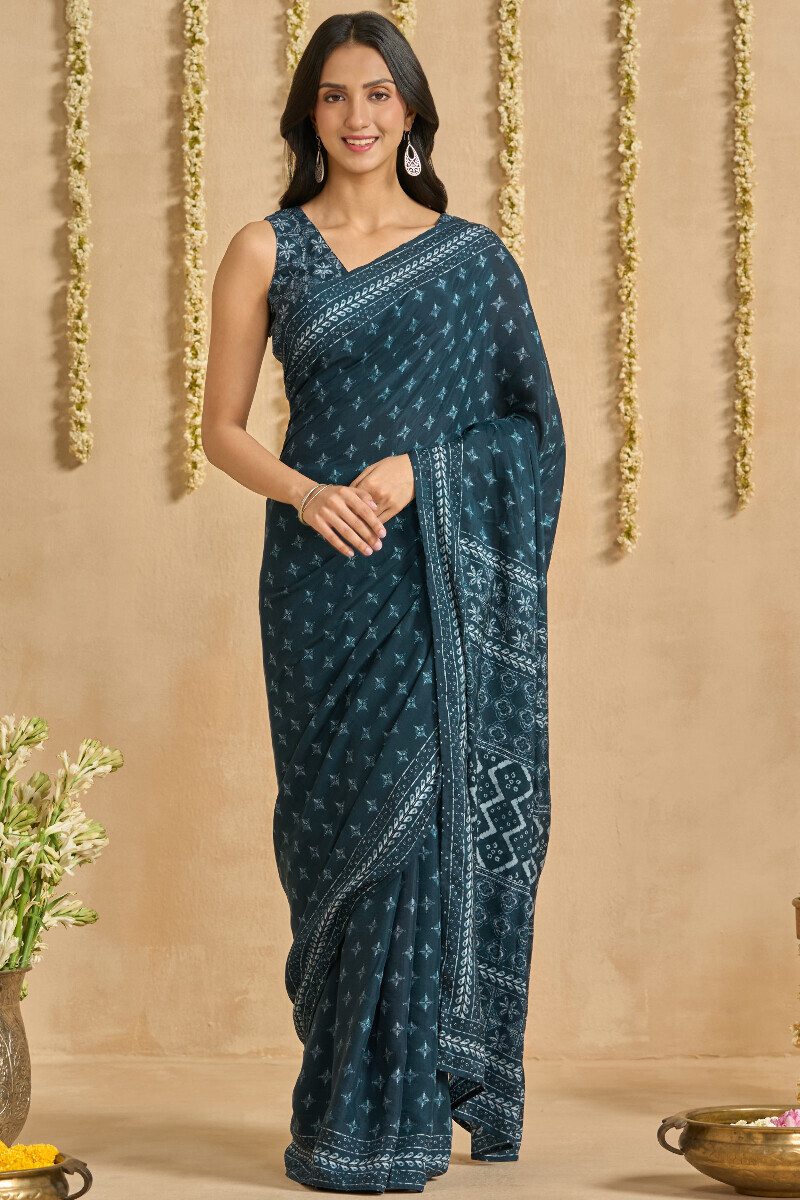 Blue Printed Viscose Saree