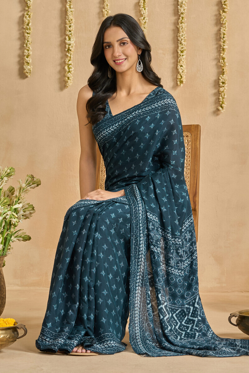 Blue Printed Viscose Saree