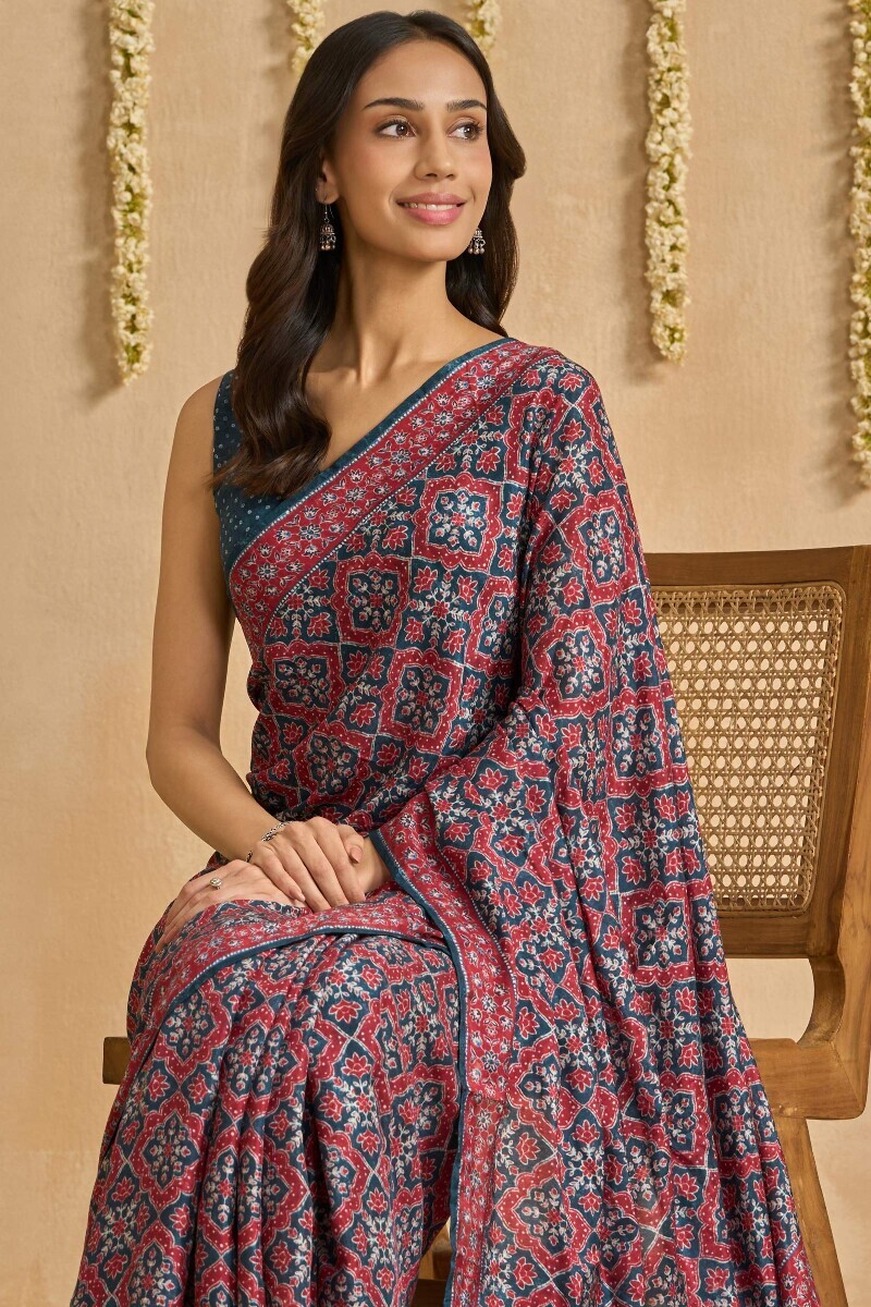 Blue Printed Viscose Saree