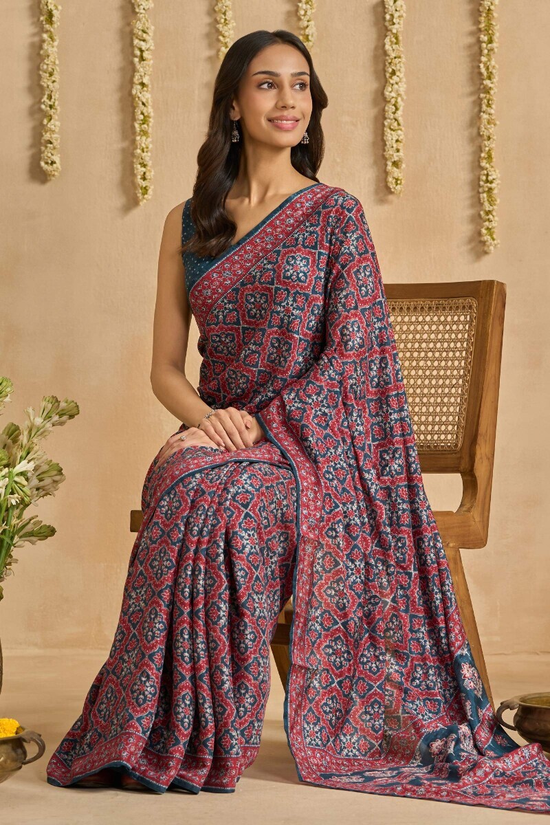 Blue Printed Viscose Saree