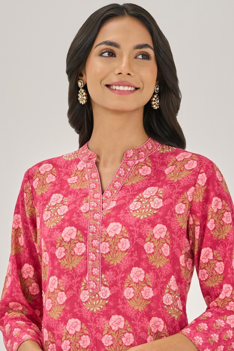 Pink Printed Short Cotton Slub Kurta