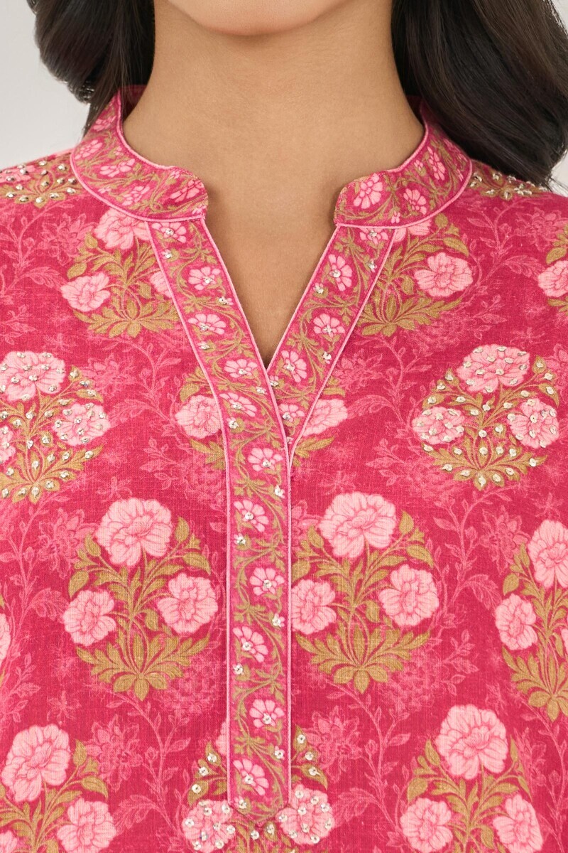 Pink Printed Short Cotton Slub Kurta