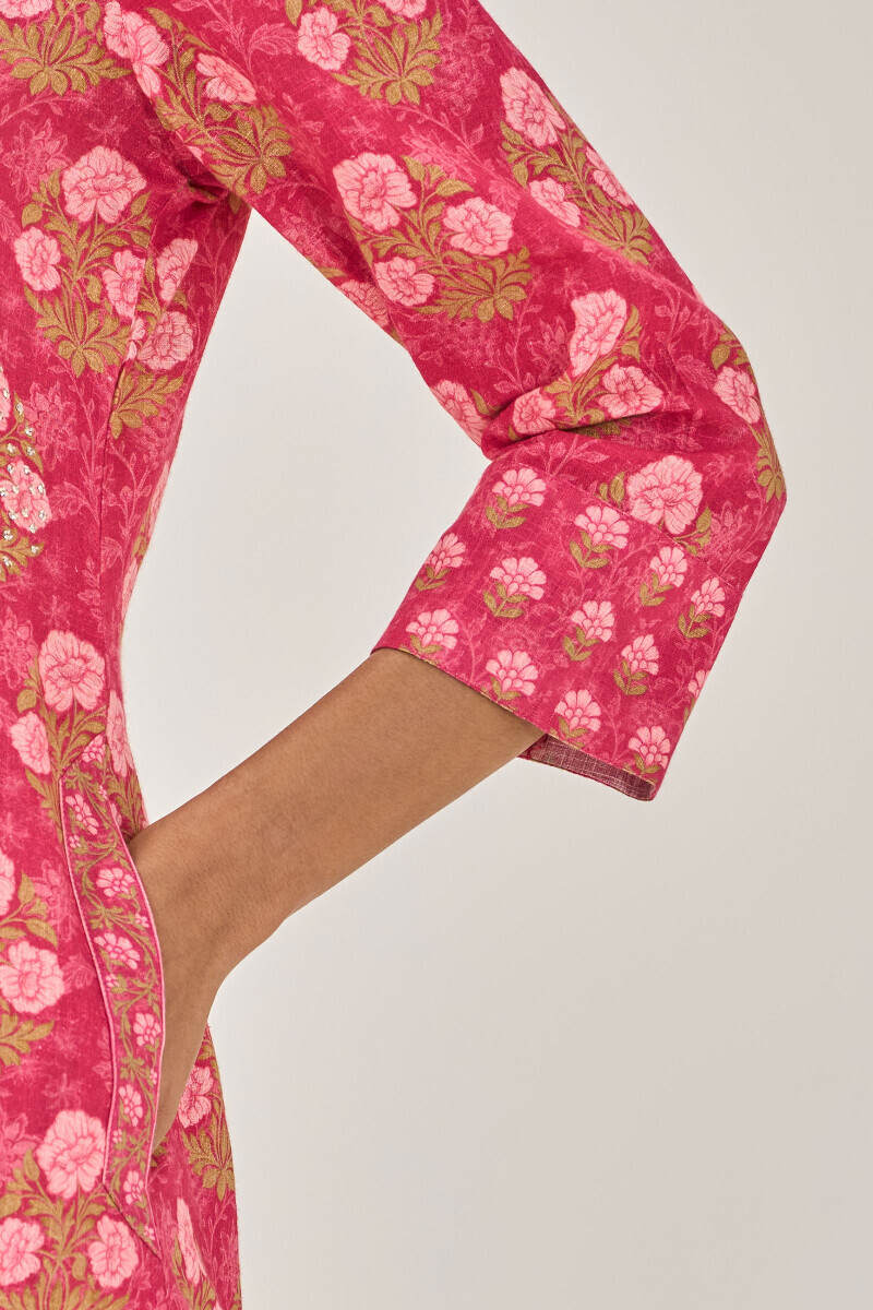 Pink Printed Short Cotton Slub Kurta