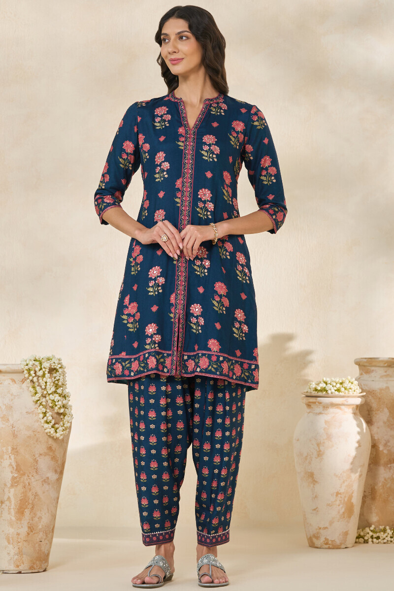 Blue Printed Short Dola Silk Kurta