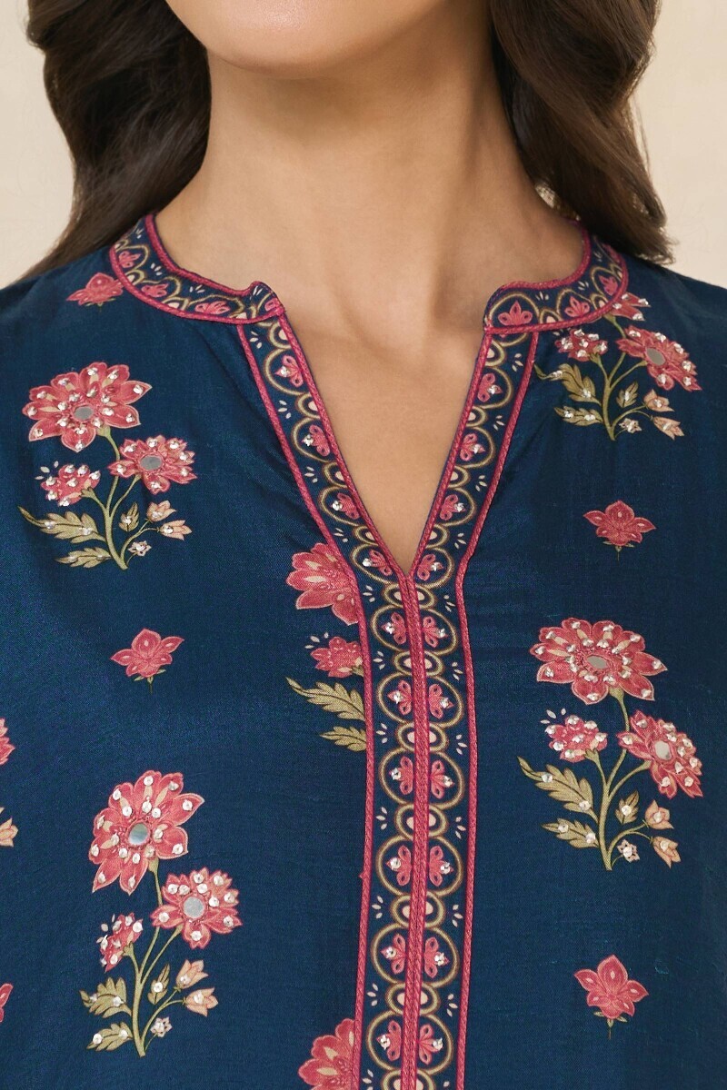 Blue Printed Short Dola Silk Kurta