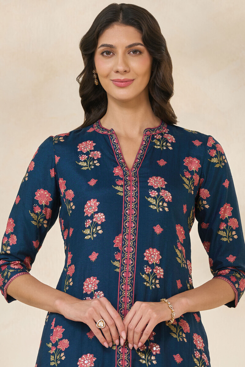 Blue Printed Short Dola Silk Kurta