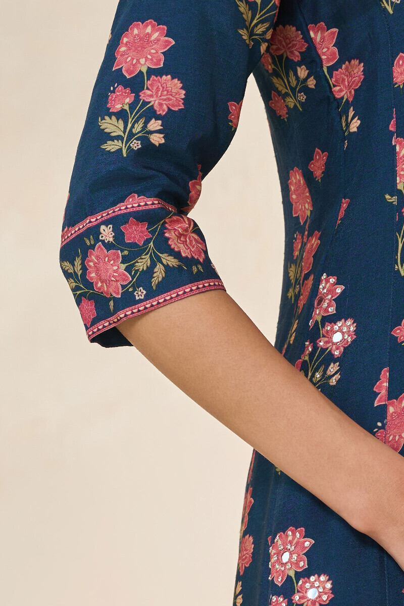 Blue Printed Short Dola Silk Kurta
