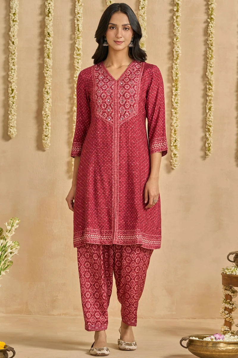 Maroon Printed Short Viscose Kurta