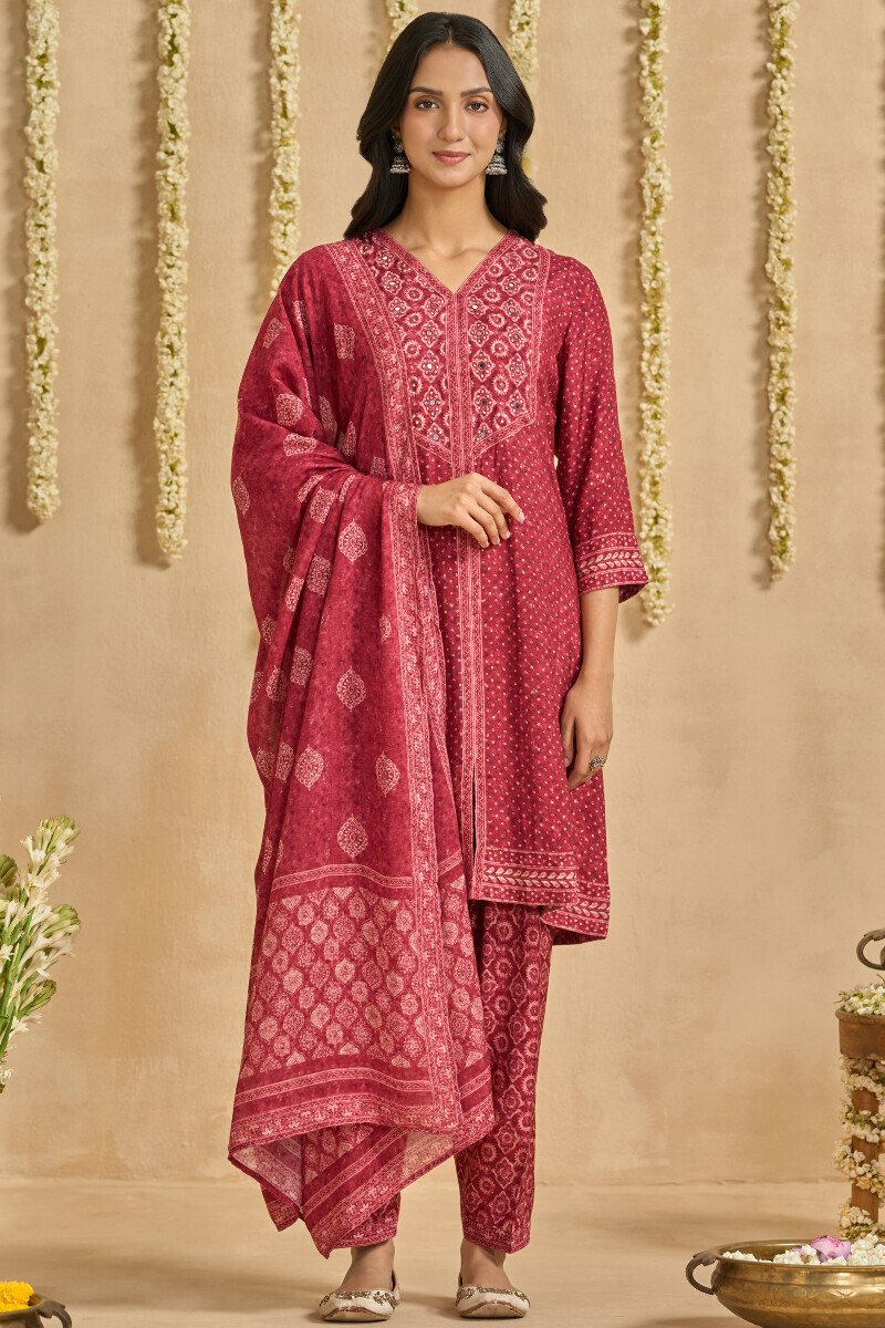 Maroon Printed Short Viscose Kurta