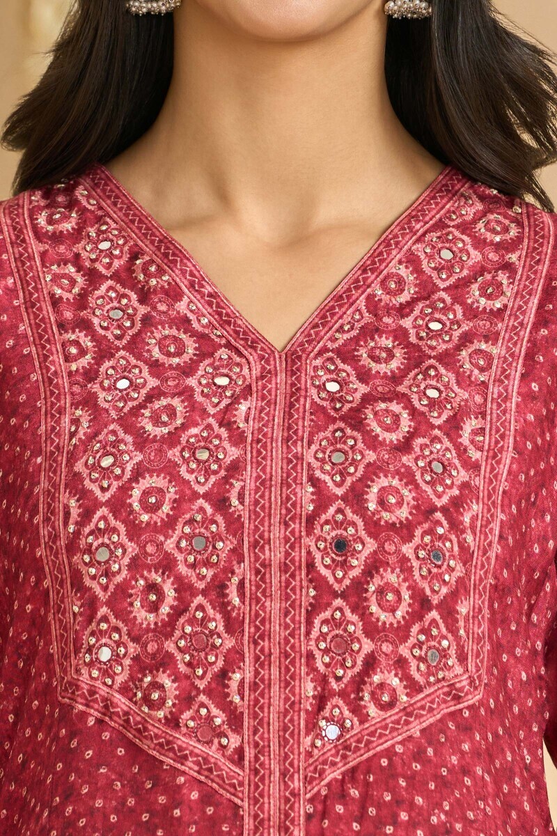 Maroon Printed Short Viscose Kurta