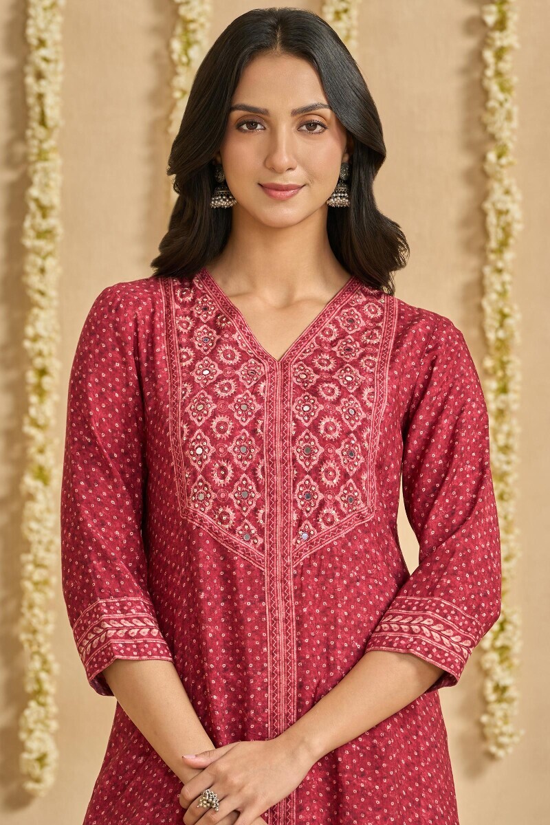 Maroon Printed Short Viscose Kurta