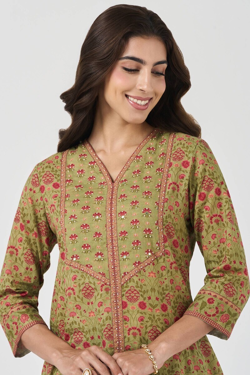 Green Printed Short Cotton Kurta