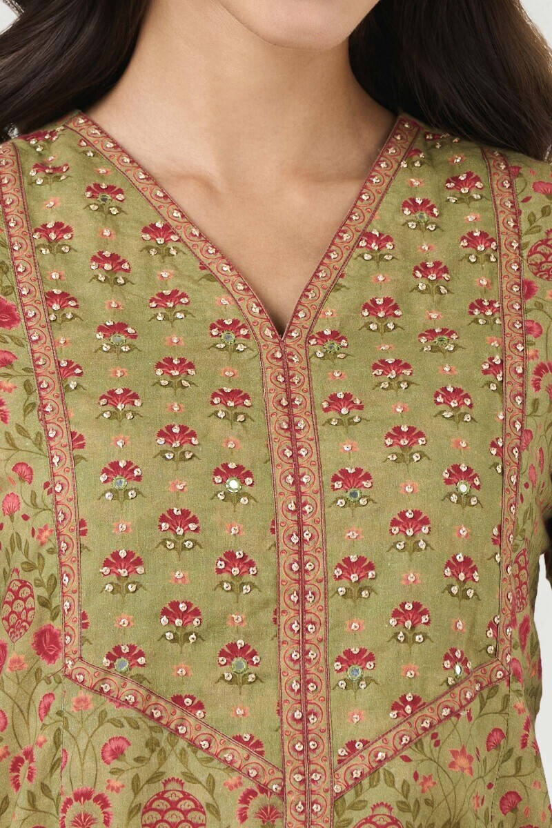 Green Printed Short Cotton Kurta