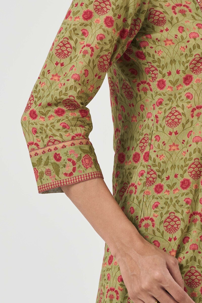 Green Printed Short Cotton Kurta