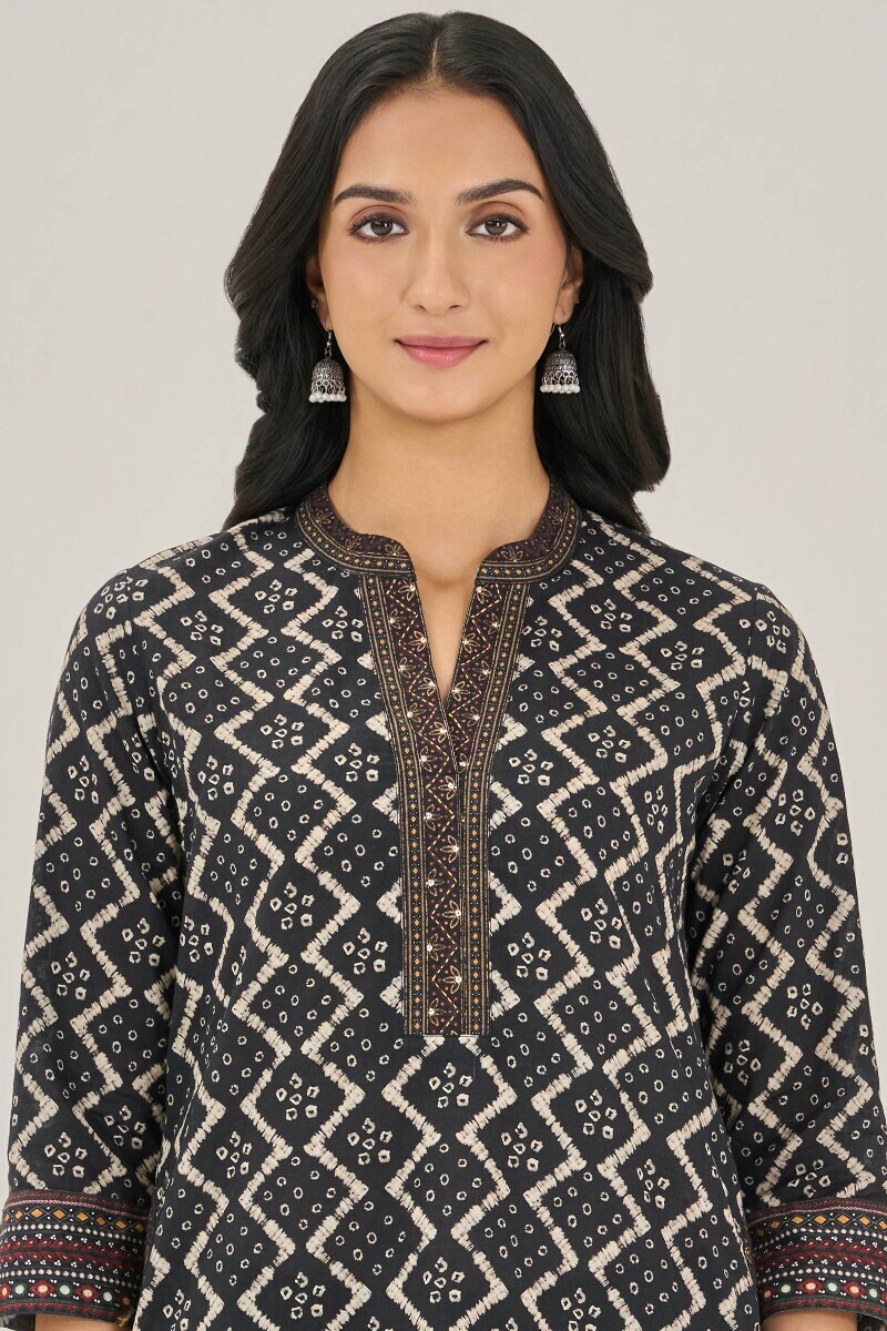Black Printed Short Cotton Kurta