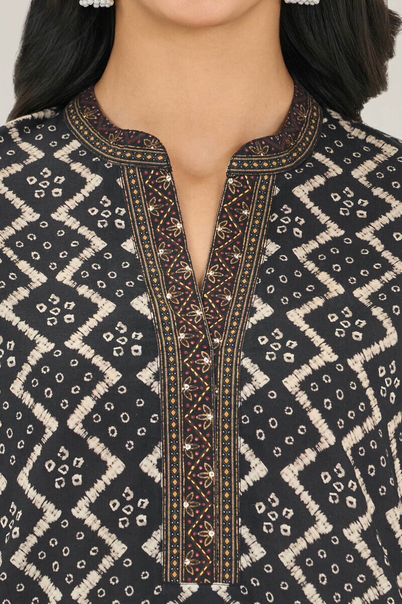 Black Printed Short Cotton Kurta