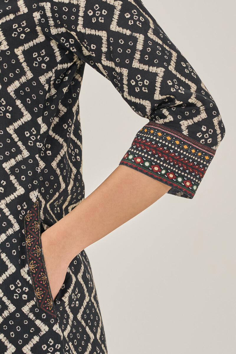Black Printed Short Cotton Kurta