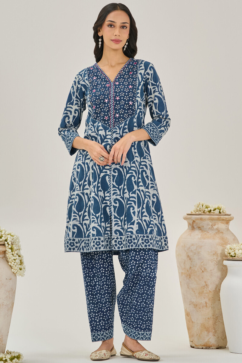 Indigo Hand Block Printed Short Cotton Kurta